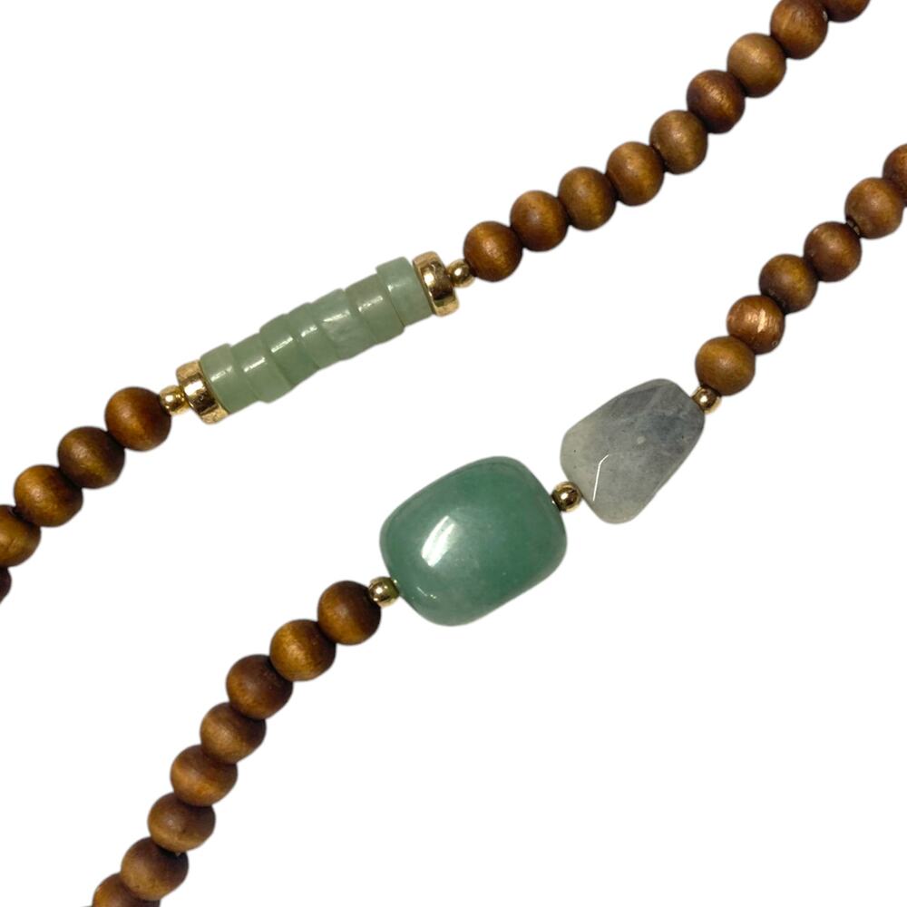 Vintage 30" Handcrafted Wood Bead Necklace Green Aventurine Moss Agate Boho